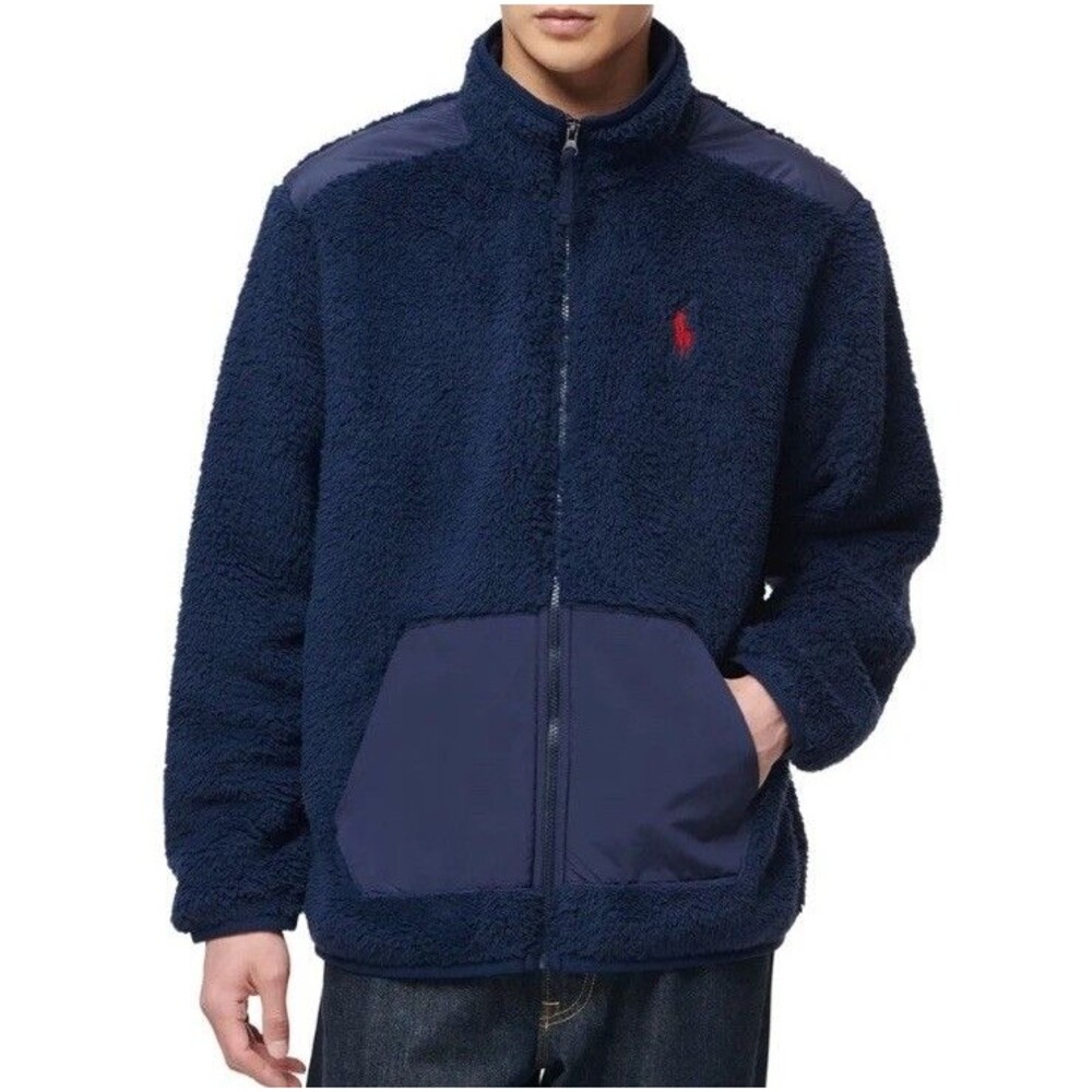 Polo Ralph Lauren Hybrid Jacket Mens XL Zip Up Pony Logo Sherpa Fleece Navy Blue